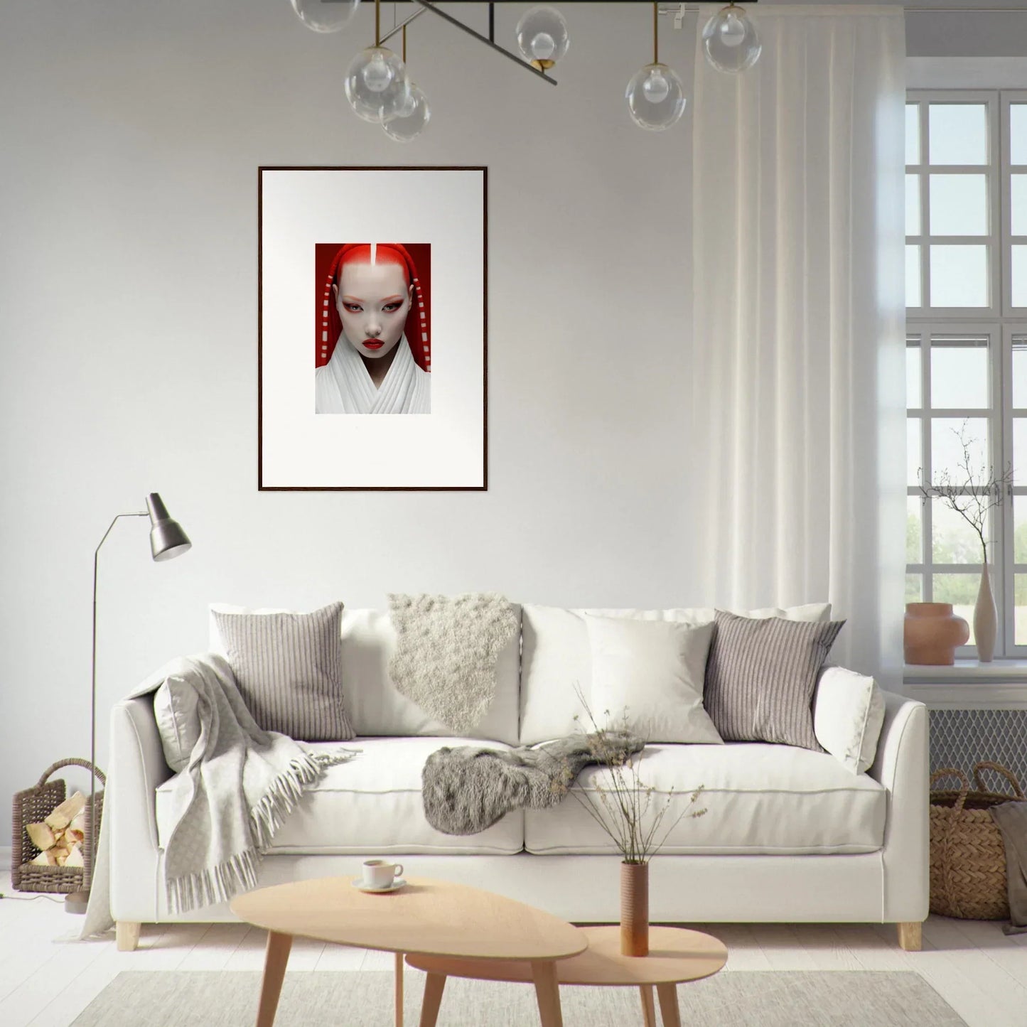 White sofa styled with throw pillows and blankets featuring Pome Artcard Whisper