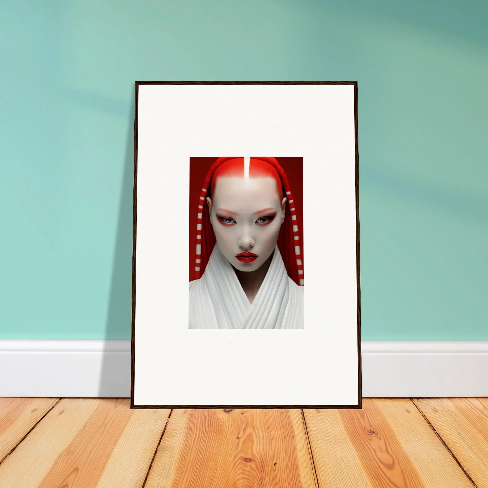 Framed portrait of a figure with bold white and red makeup on a Pome Artcard Whisper