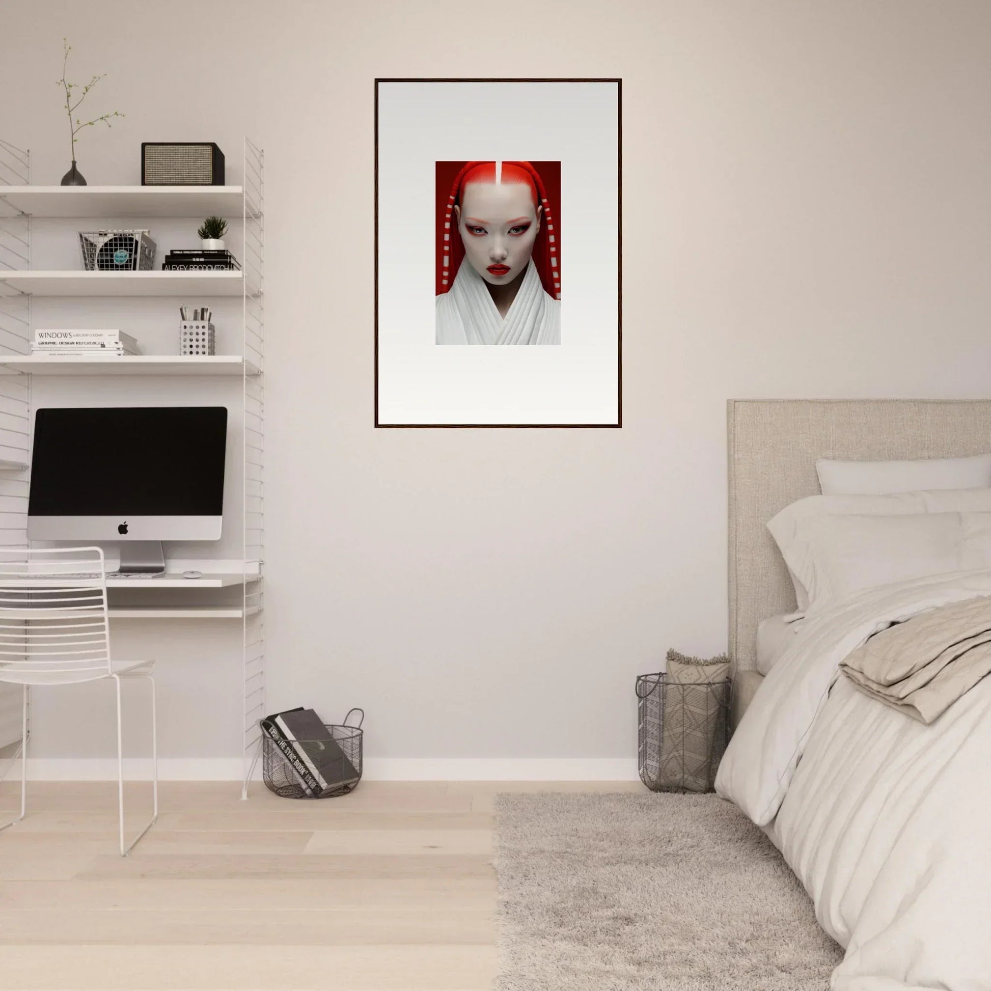 Framed portrait of a pale figure with red hair on Pome Artcard Whisper design