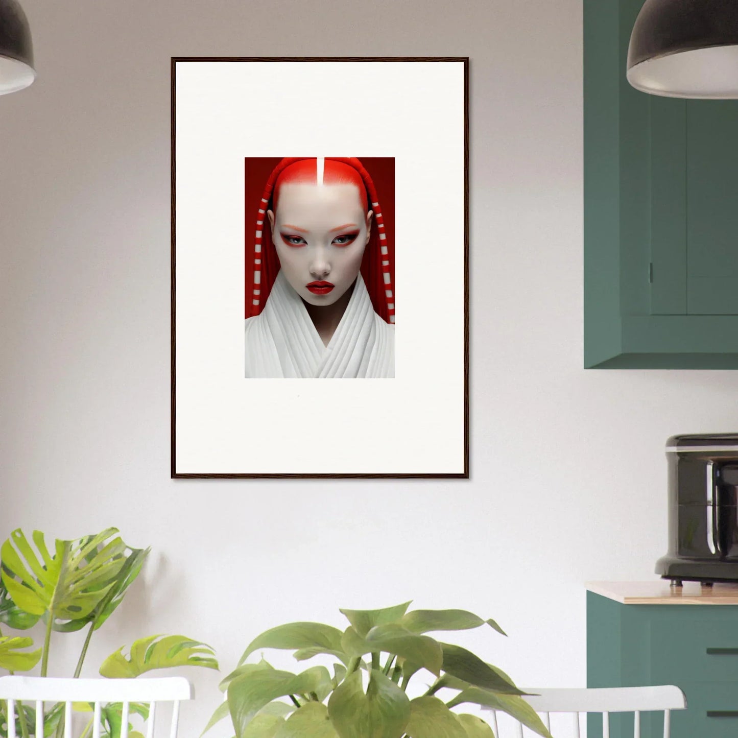 Framed portrait with white makeup and red accents, featured on Pome Artcard Whisper