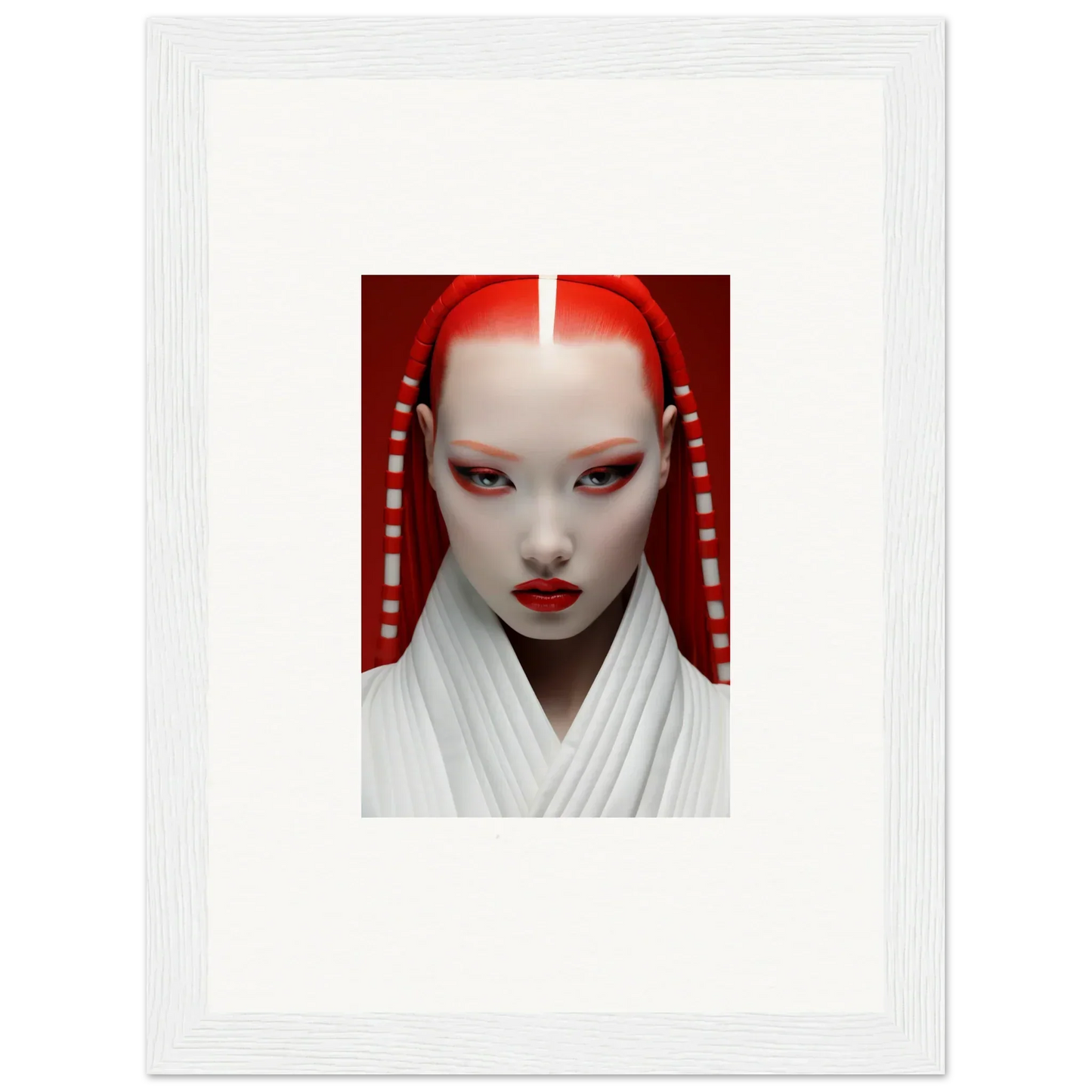 Portrait of a person in white makeup and red accents from Pome Artcard Whisper