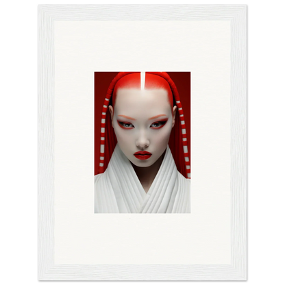 Portrait of a person in white makeup and red accents from Pome Artcard Whisper