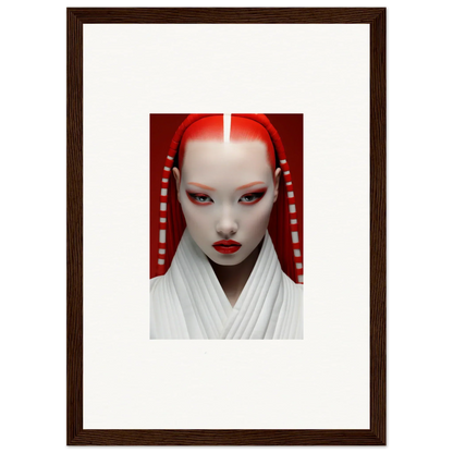 Portrait of a person with white makeup and red accents for Pome Artcard Whisper