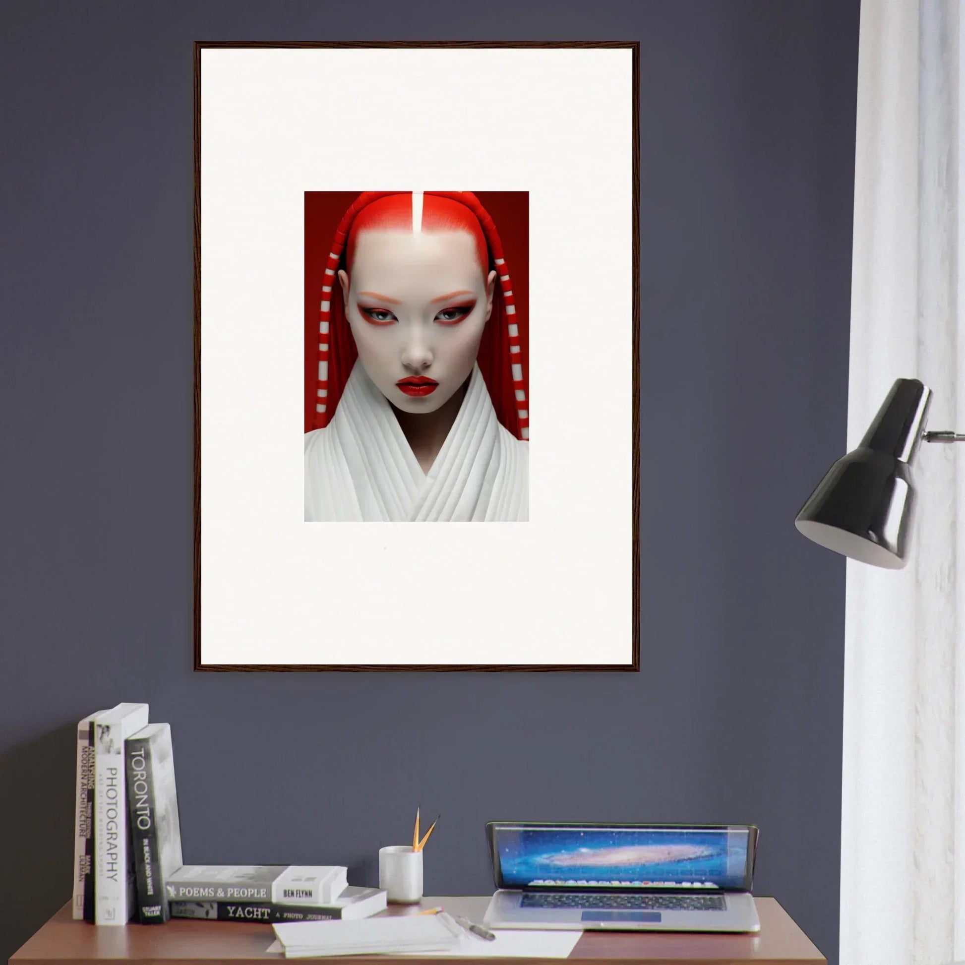 Framed portrait with white makeup and red accents on Pome Artcard Whisper