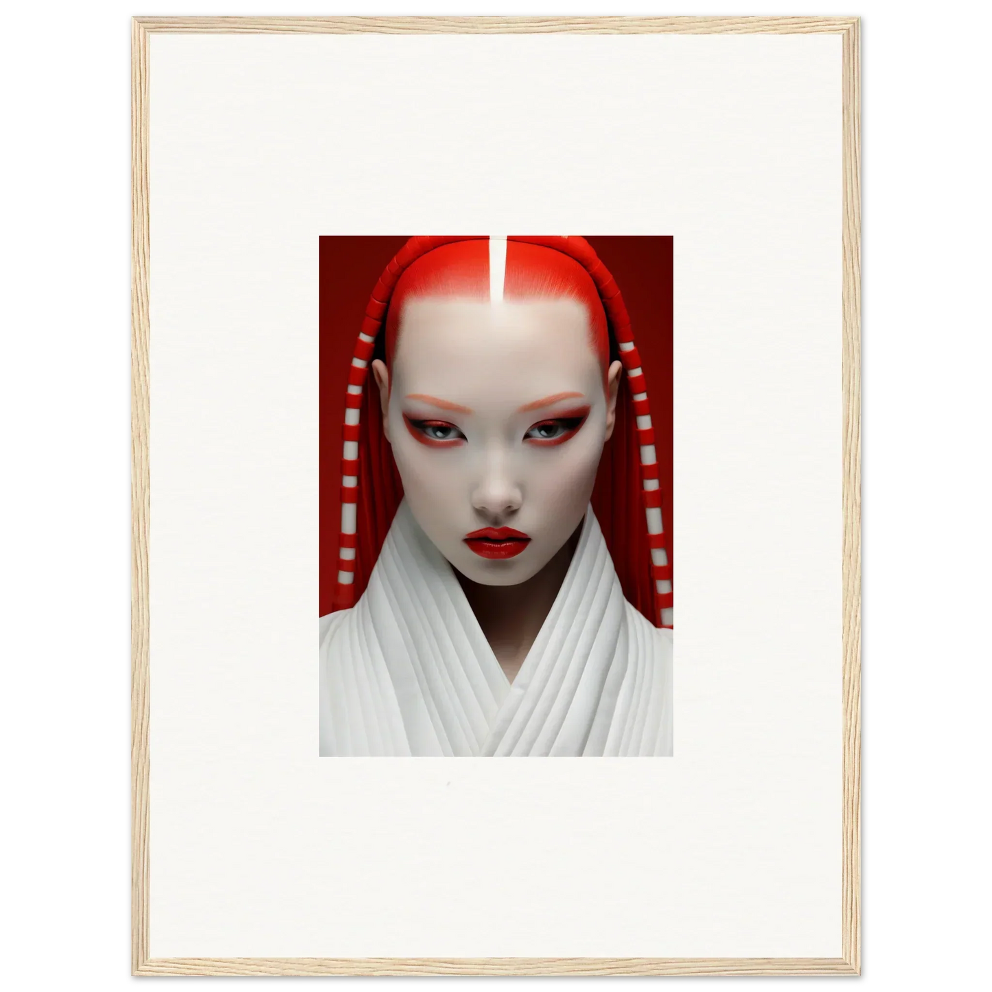 Portrait of a figure with white makeup and red accents on Pome Artcard Whisper