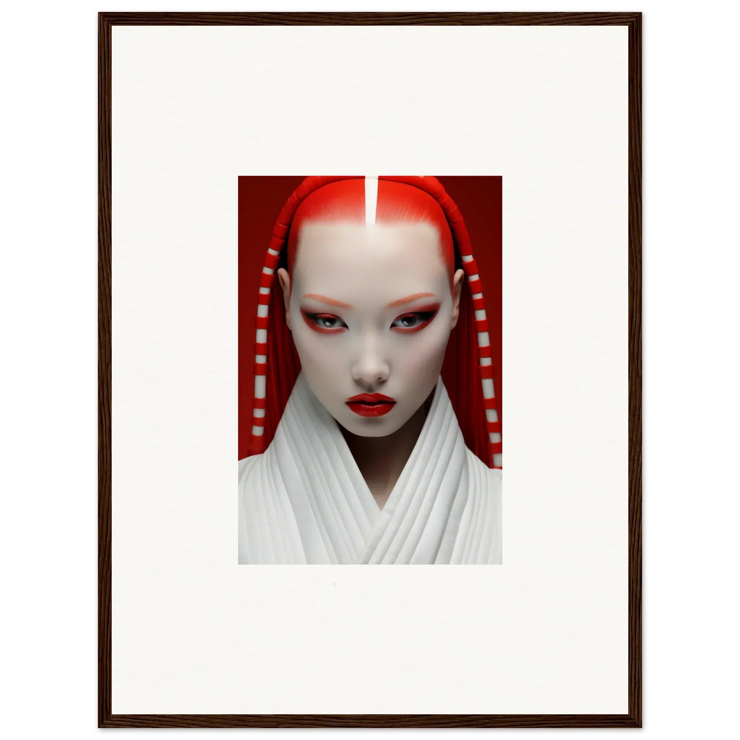 Portrait of a person in white makeup and red accents from Pome Artcard Whisper