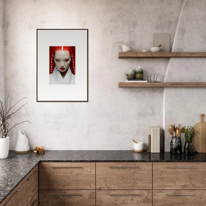 Framed portrait of a person with vivid red hair featured in Pome Artcard Whisper