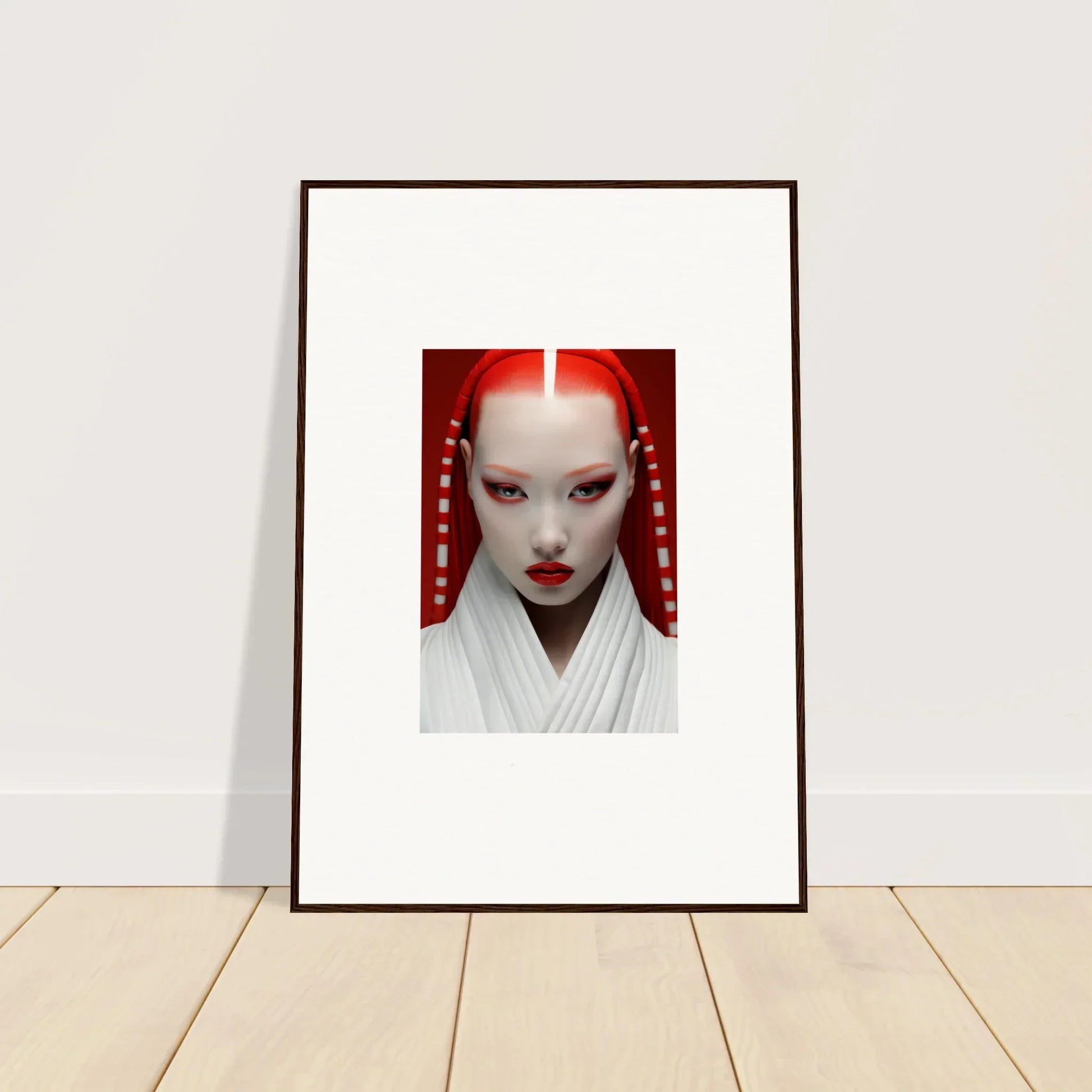 Framed portrait of a stylish figure with white and red makeup on Pome Artcard Whisper