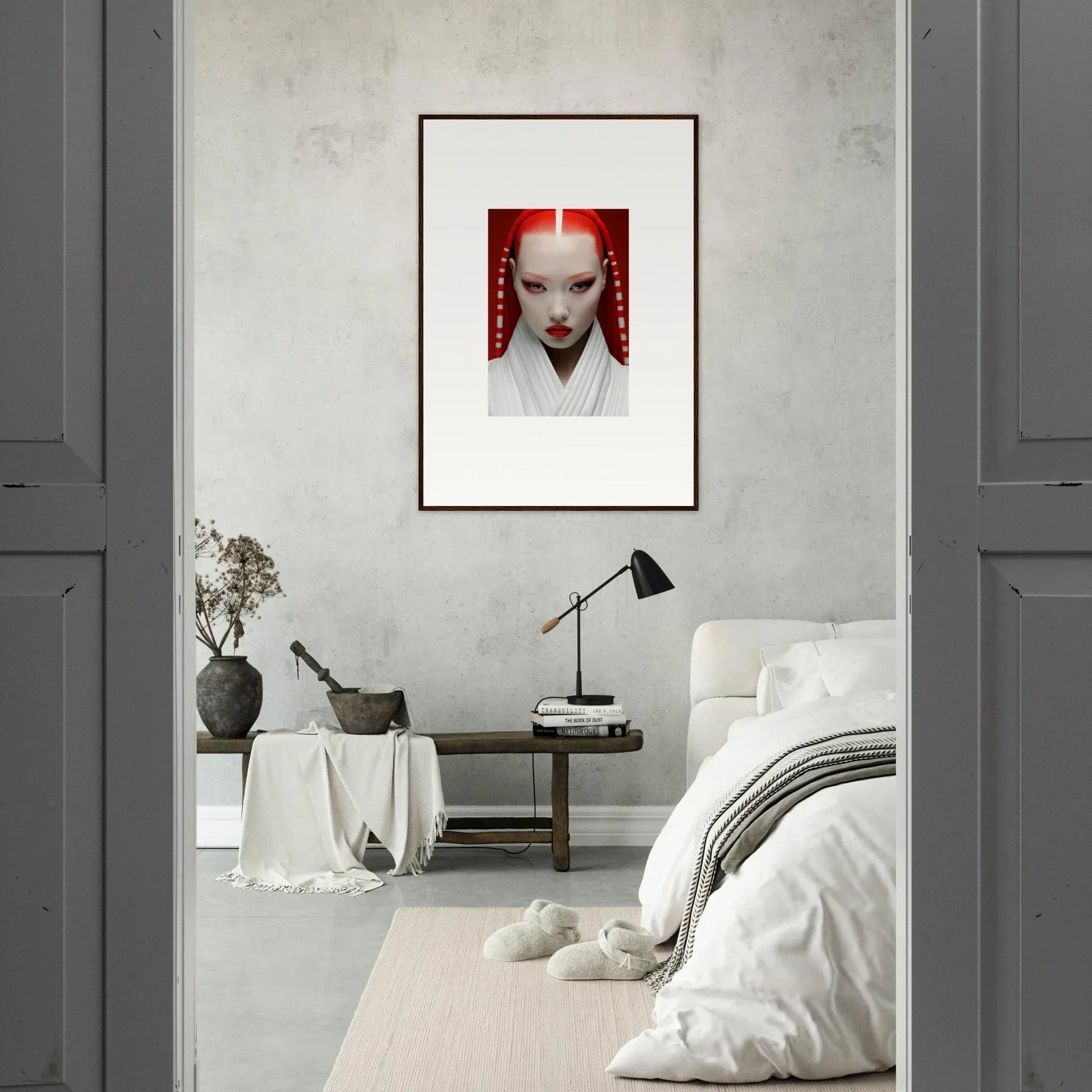 Framed portrait of a pale figure with red hair on Pome Artcard Whisper