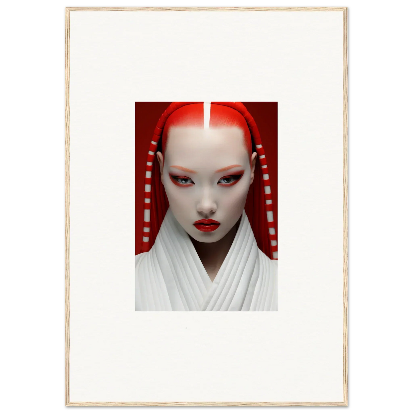 Portrait of a striking figure with white skin and red accents from Pome Artcard Whisper