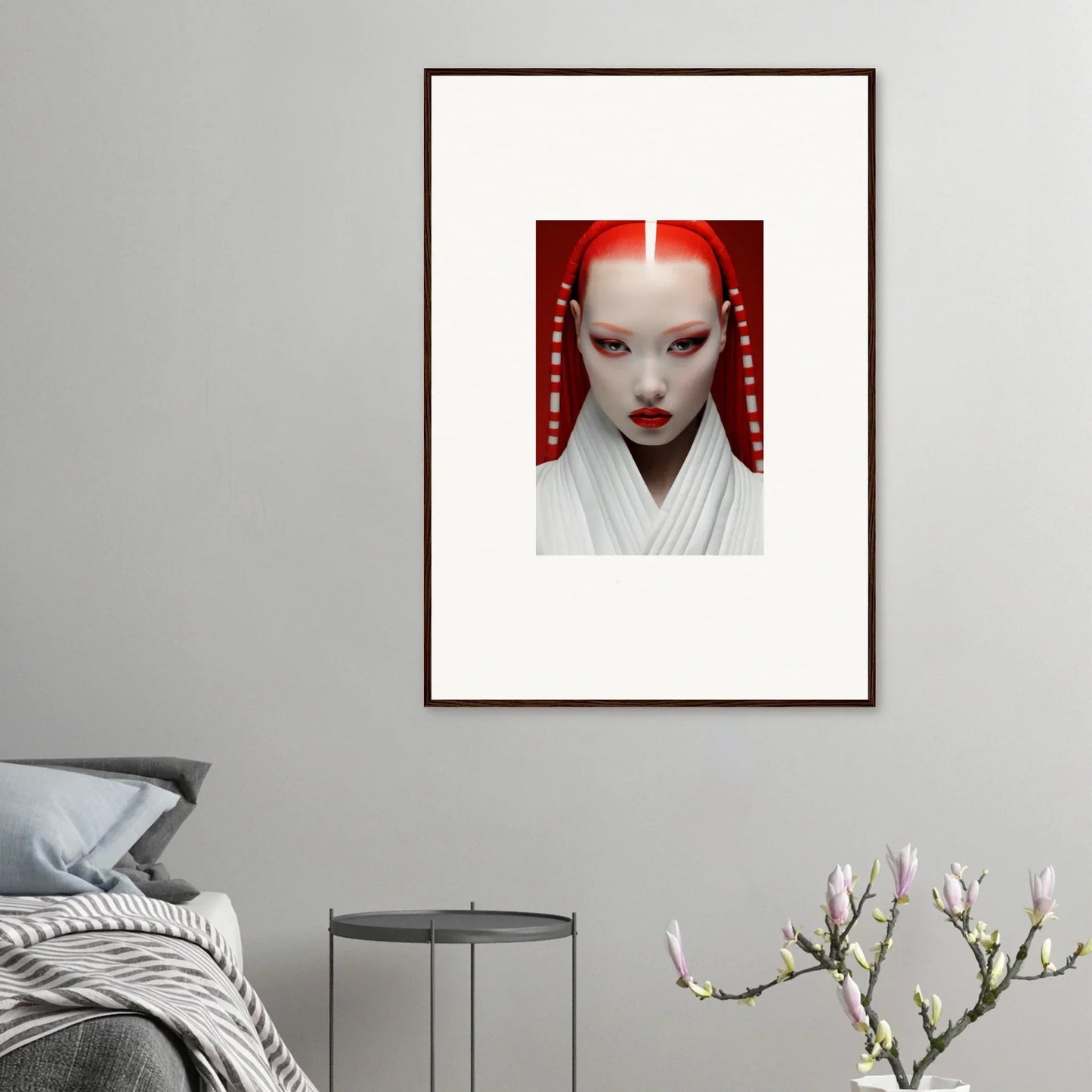 Framed artwork of a stylish figure with red accents in Pome Artcard Whisper design