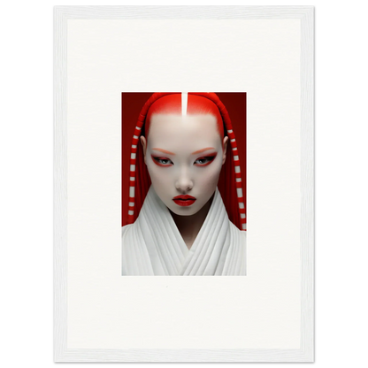 Portrait of a person with bold white makeup, red accents for Pome Artcard Whisper