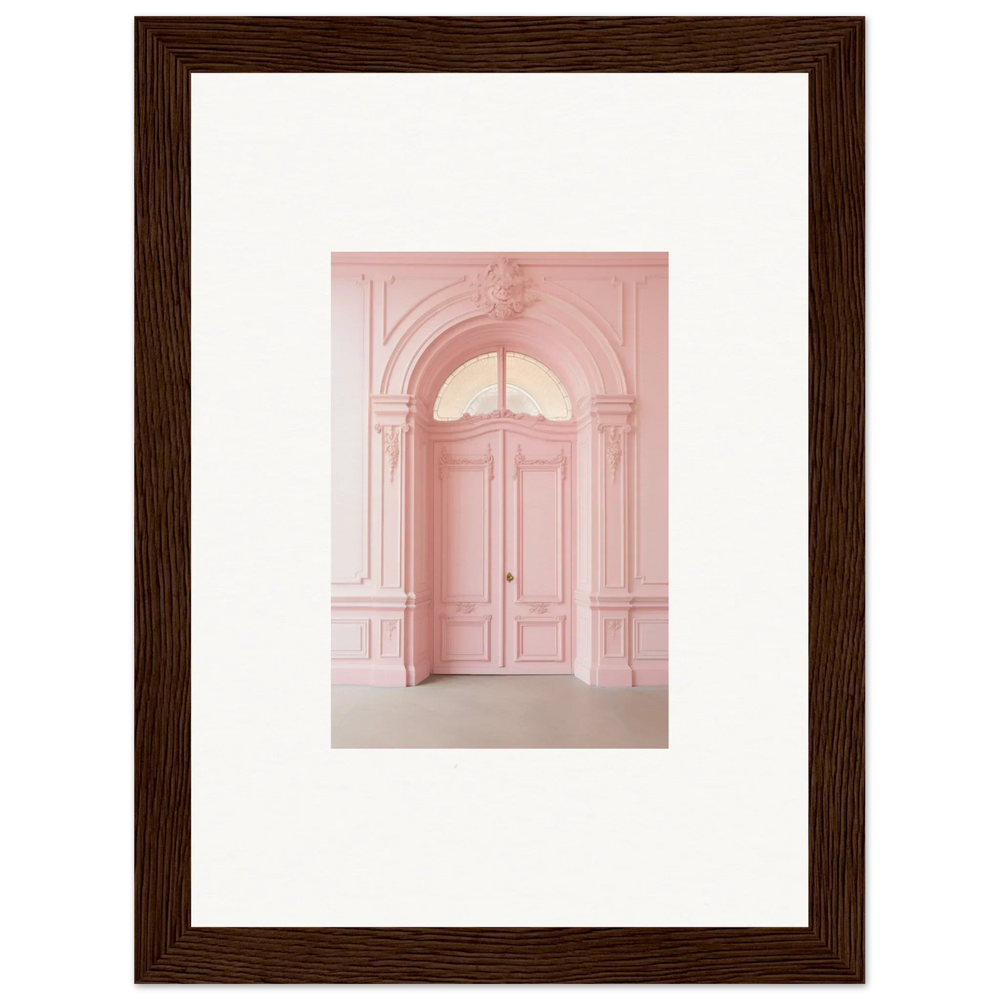 Elegant pink arched doorway with ornate details in Pompadour Cogswheel Echoes art