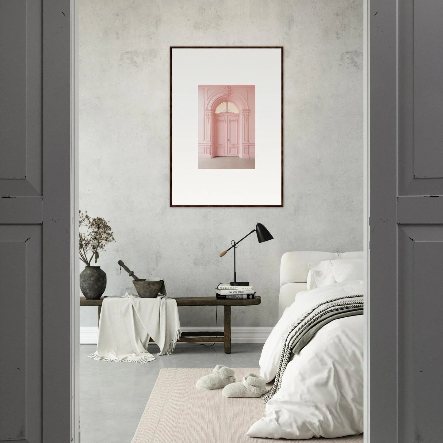 Framed wall art of pink architectural design with arched doorway from Pompadour Cogswheel Echoes