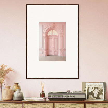 Framed wall art of a pink doorway showcasing ornate details from Pompadour Cogswheel Echoes