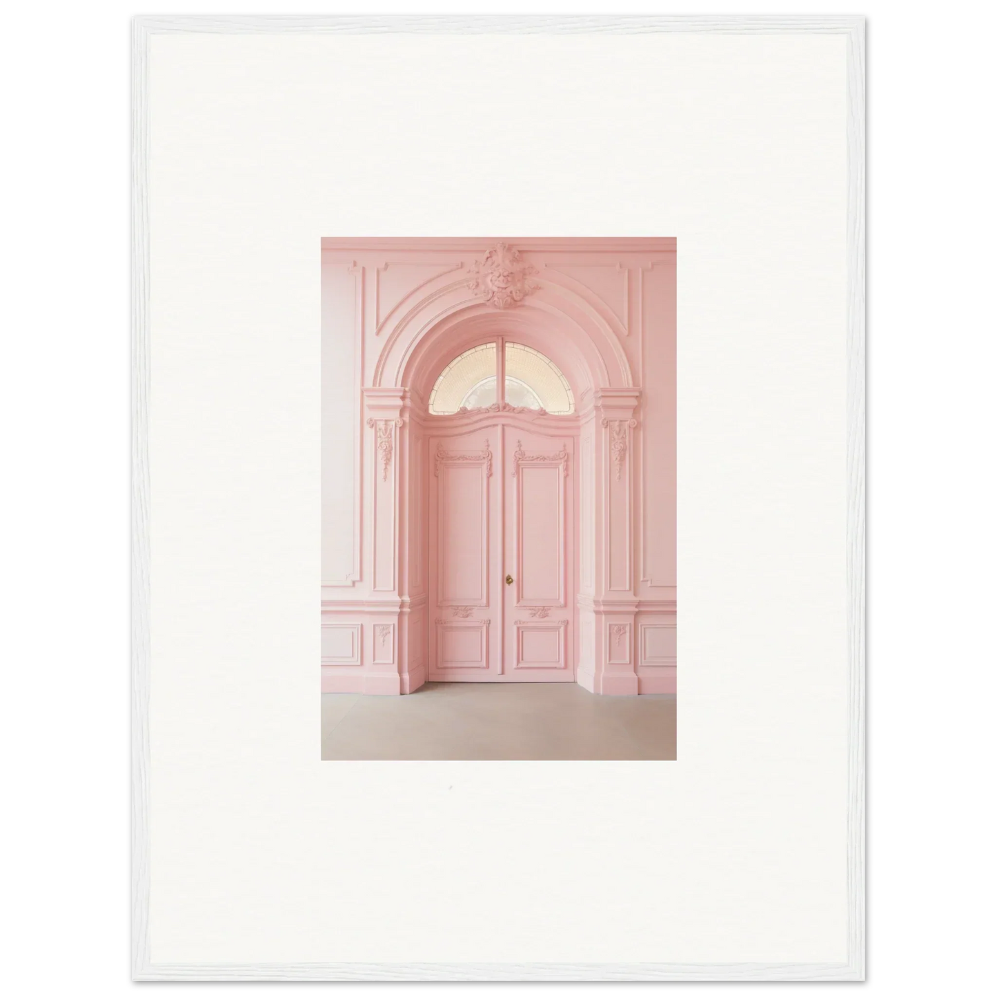 Elegant pink arched doorway with molding in Pompadour Cogswheel Echoes framed wall art