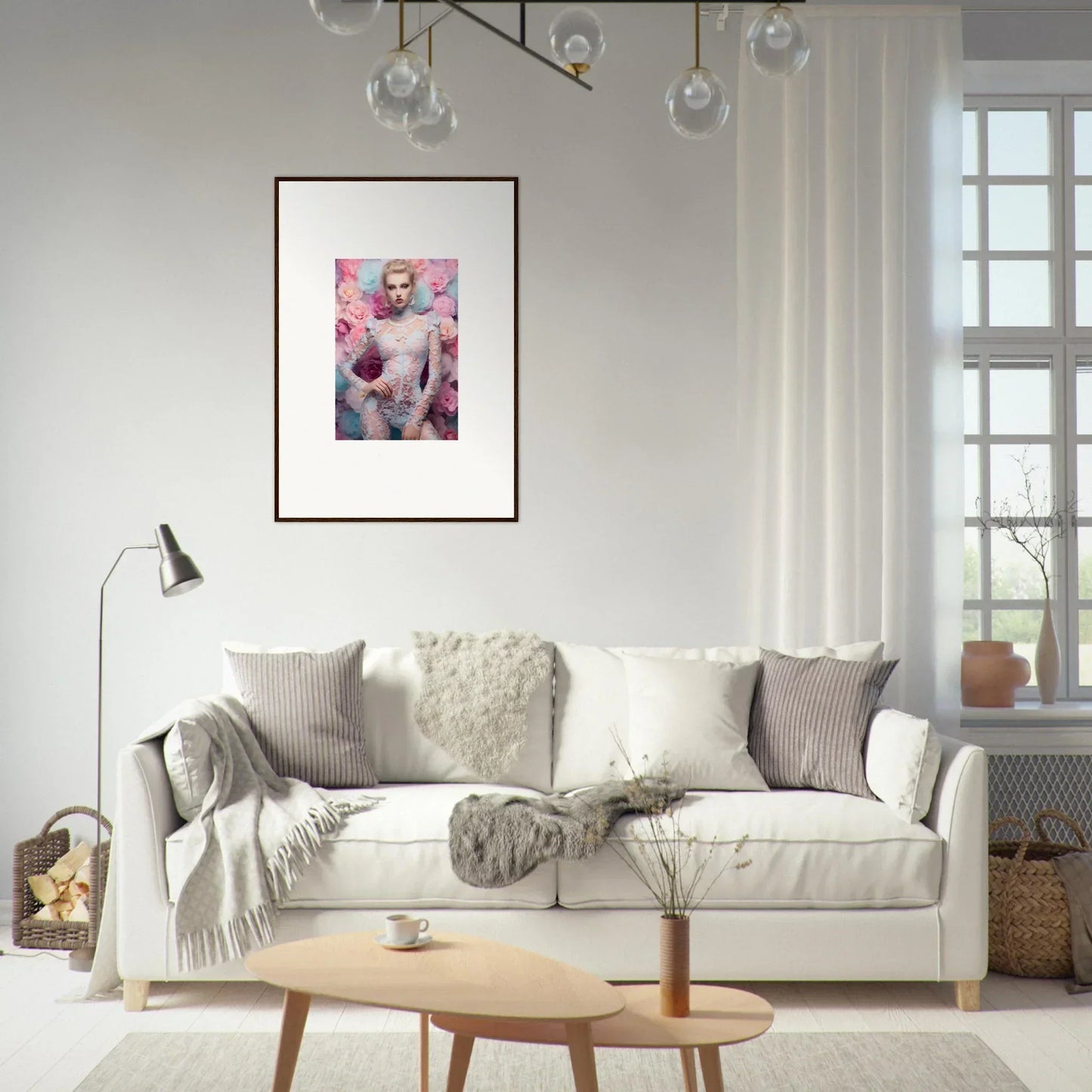 White sofa adorned with throw pillows and blankets.