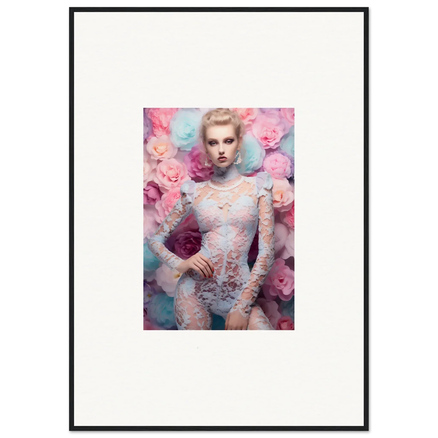 Framed portrait of a woman in lace bodysuit surrounded by pink flowers.