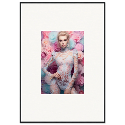 Framed portrait of a woman in lace bodysuit surrounded by pink flowers.