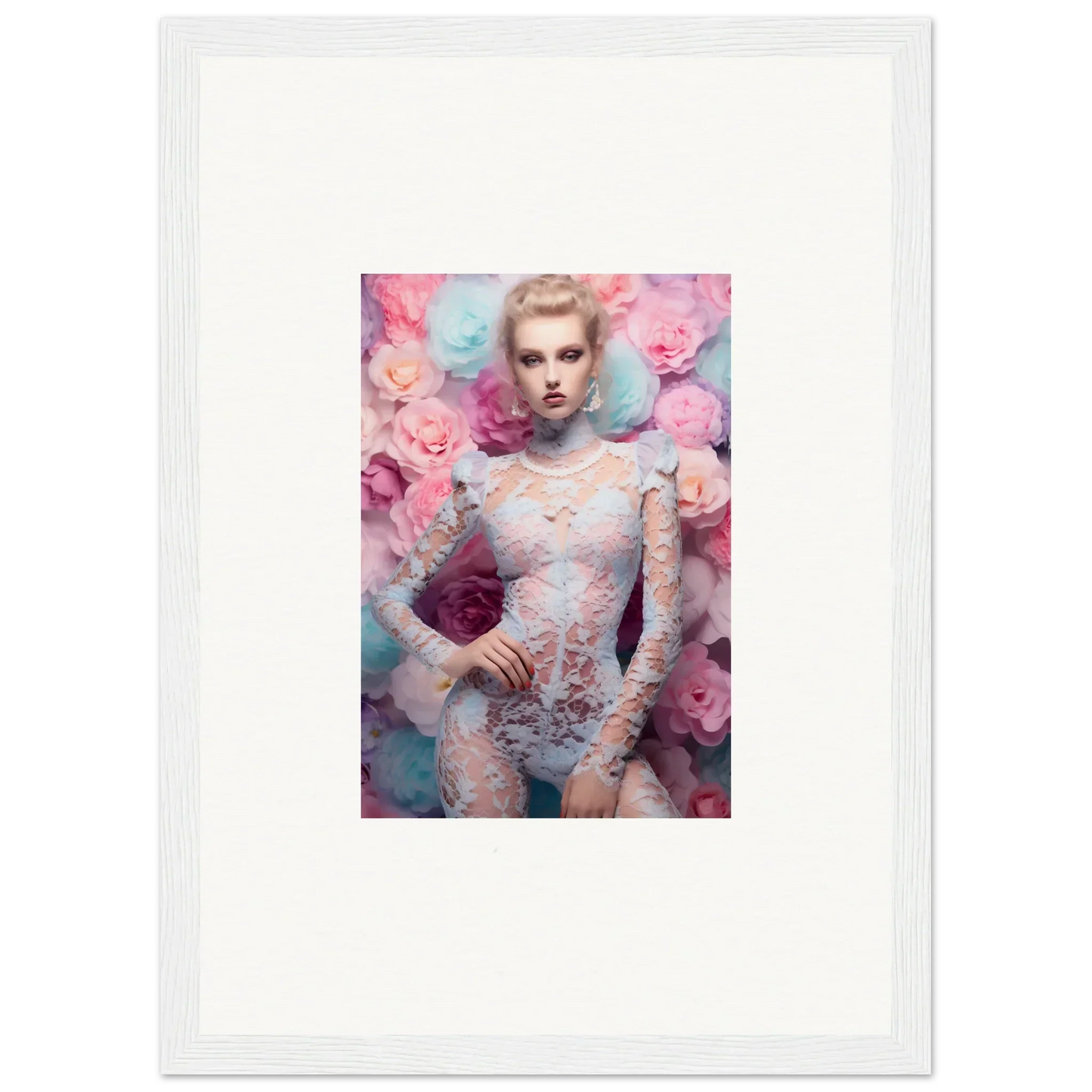 Framed portrait of a woman in lace clothing surrounded by pink and blue flowers.