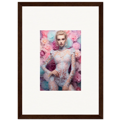 Framed artwork depicting a woman in lace surrounded by pink and blue tones.