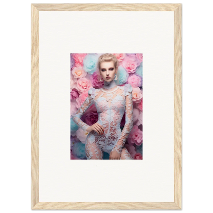 Framed portrait of a person surrounded by pink and blue floral elements.