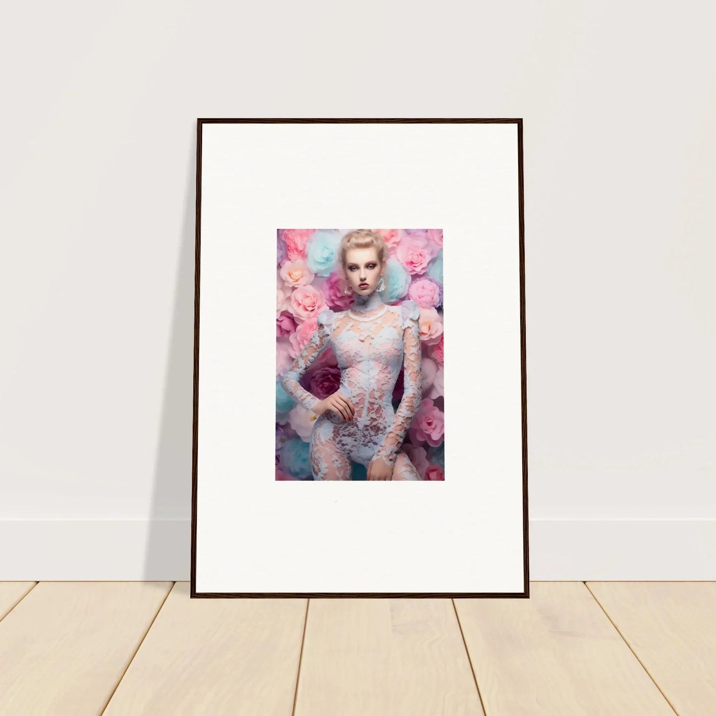 Framed portrait of a person surrounded by pink floral elements.