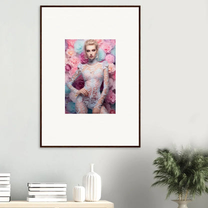 Framed portrait of a woman surrounded by pink floral elements.