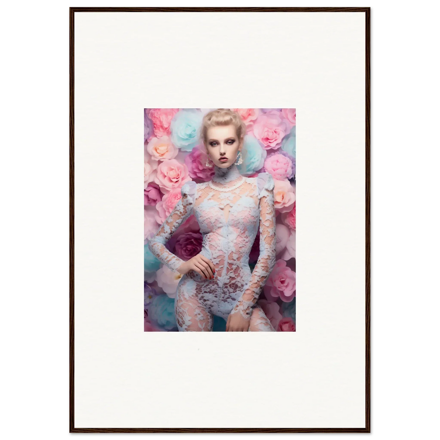 Framed portrait of a woman in lace surrounded by pastel-colored flowers.