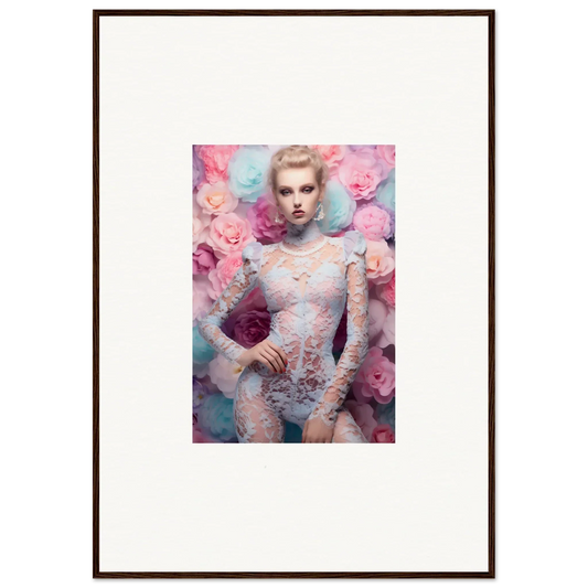 Framed portrait of a woman in lace surrounded by pastel-colored flowers.