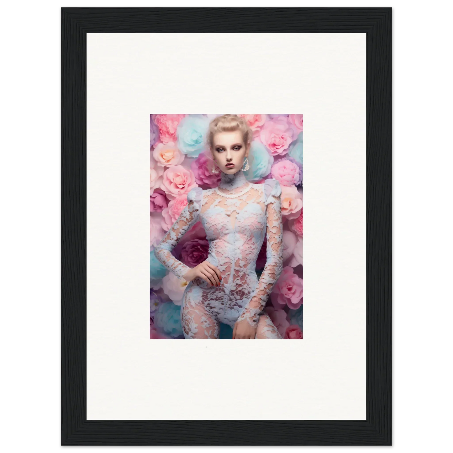 Framed artwork depicting a woman surrounded by pink flowers.