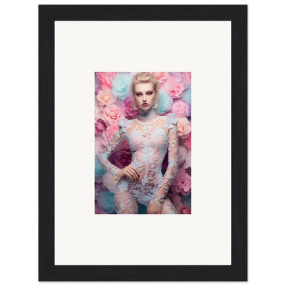 Framed artwork depicting a woman surrounded by pink flowers.