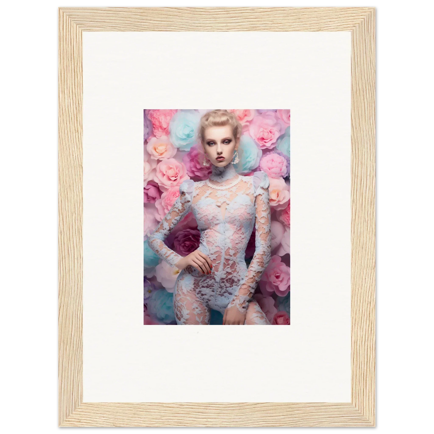 Framed portrait photograph of a woman surrounded by pink flowers.