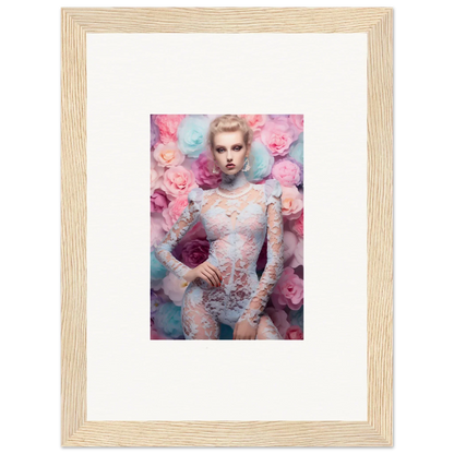 Framed portrait photograph of a woman surrounded by pink flowers.