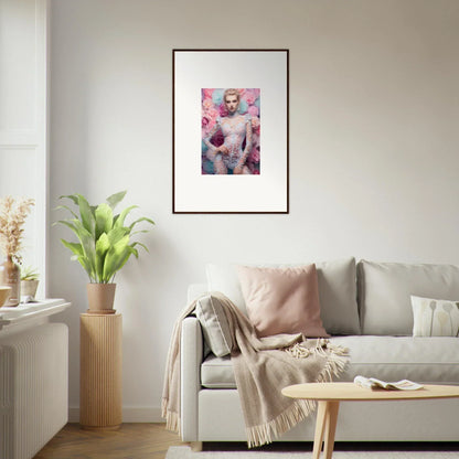 Framed artwork featuring a figure surrounded by pink and purple hues.