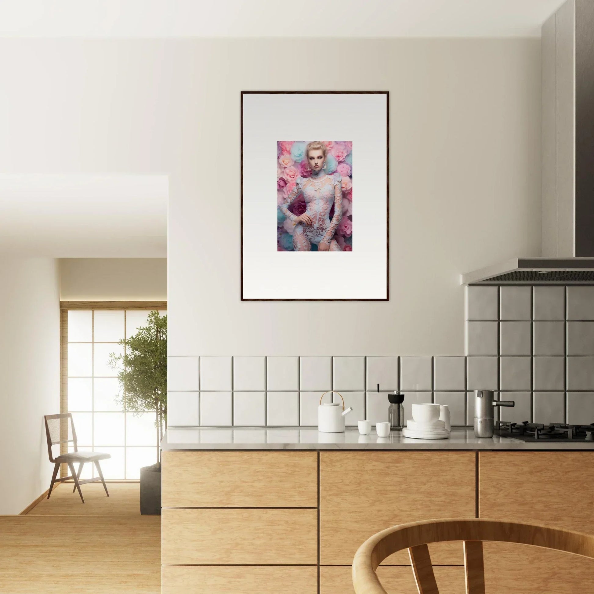 Framed portrait of a person holding an apple against a pink floral background.