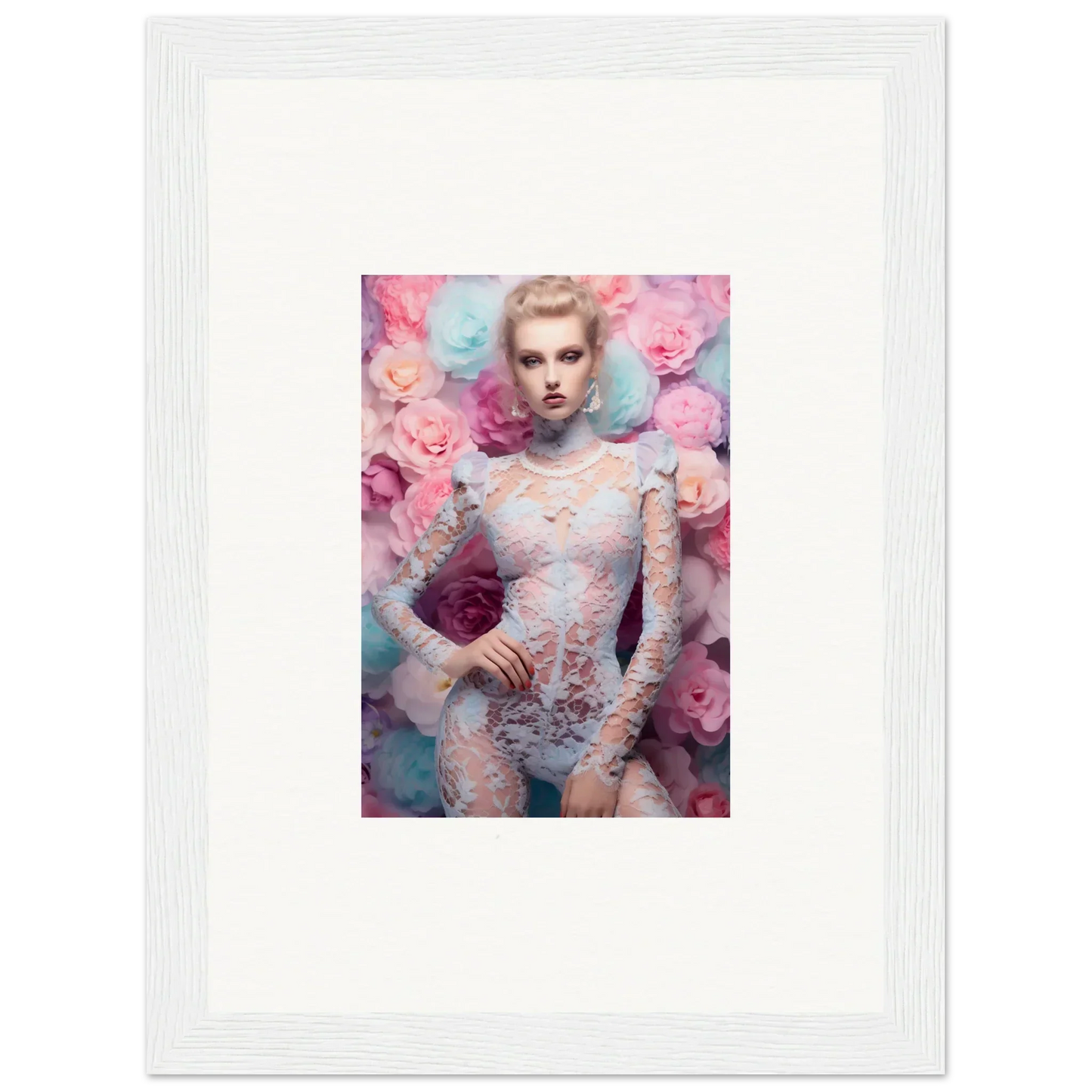 Framed portrait of a woman in lace surrounded by pink flowers.