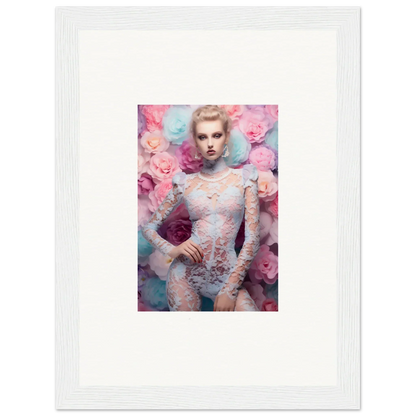 Framed portrait of a woman in lace surrounded by pink flowers.