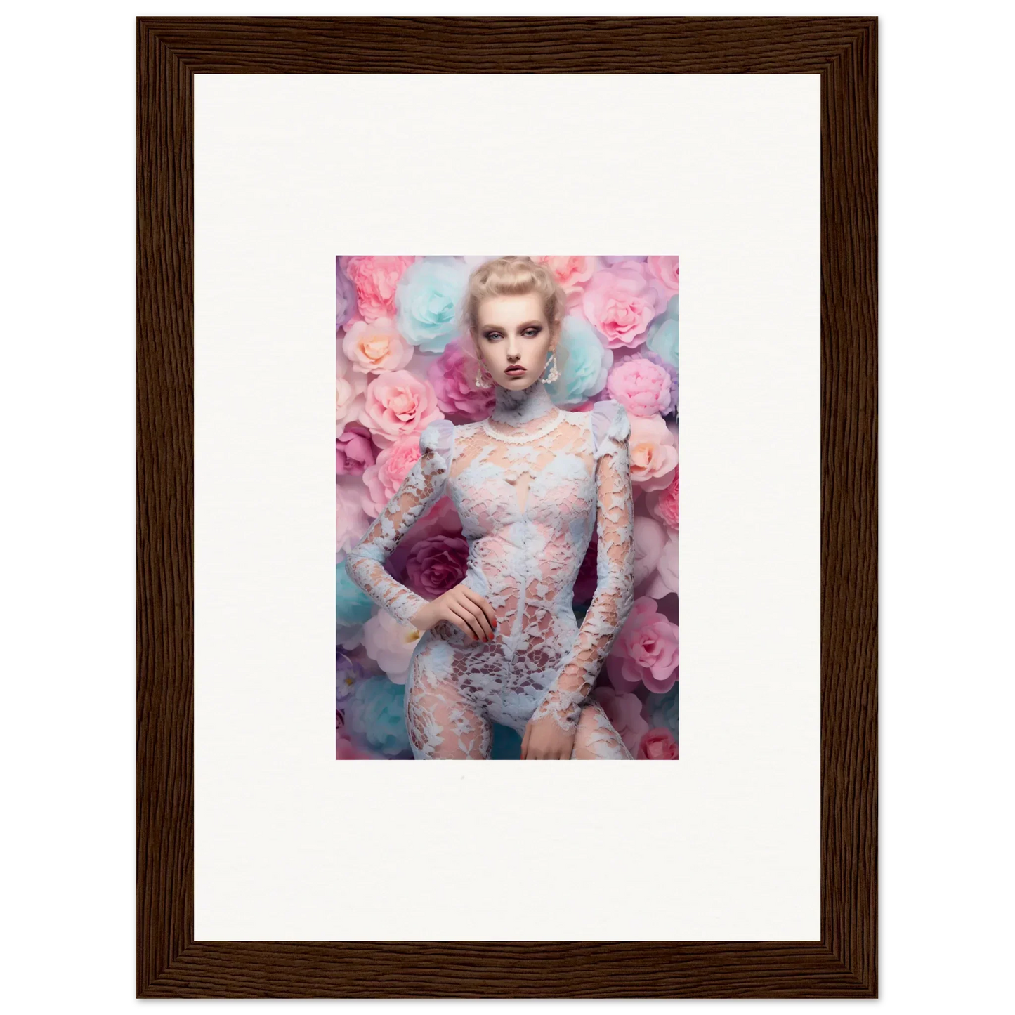 Framed portrait of a woman surrounded by pink and blue floral elements.