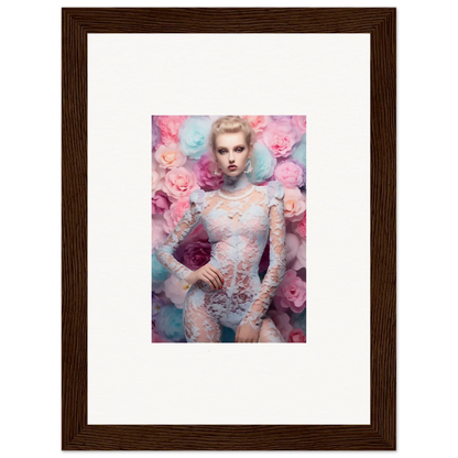 Framed portrait of a woman surrounded by pink and blue floral elements.