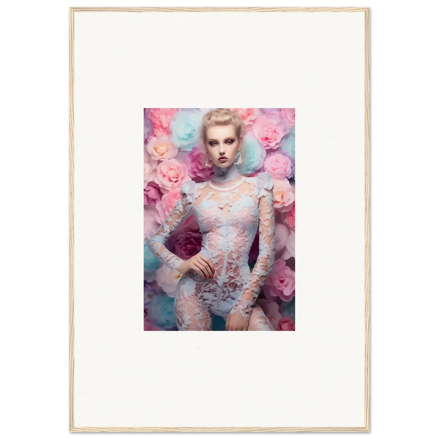 Framed portrait of a woman in lace clothing surrounded by pink flowers.