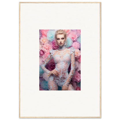 Framed portrait of a woman in lace clothing surrounded by pink flowers.