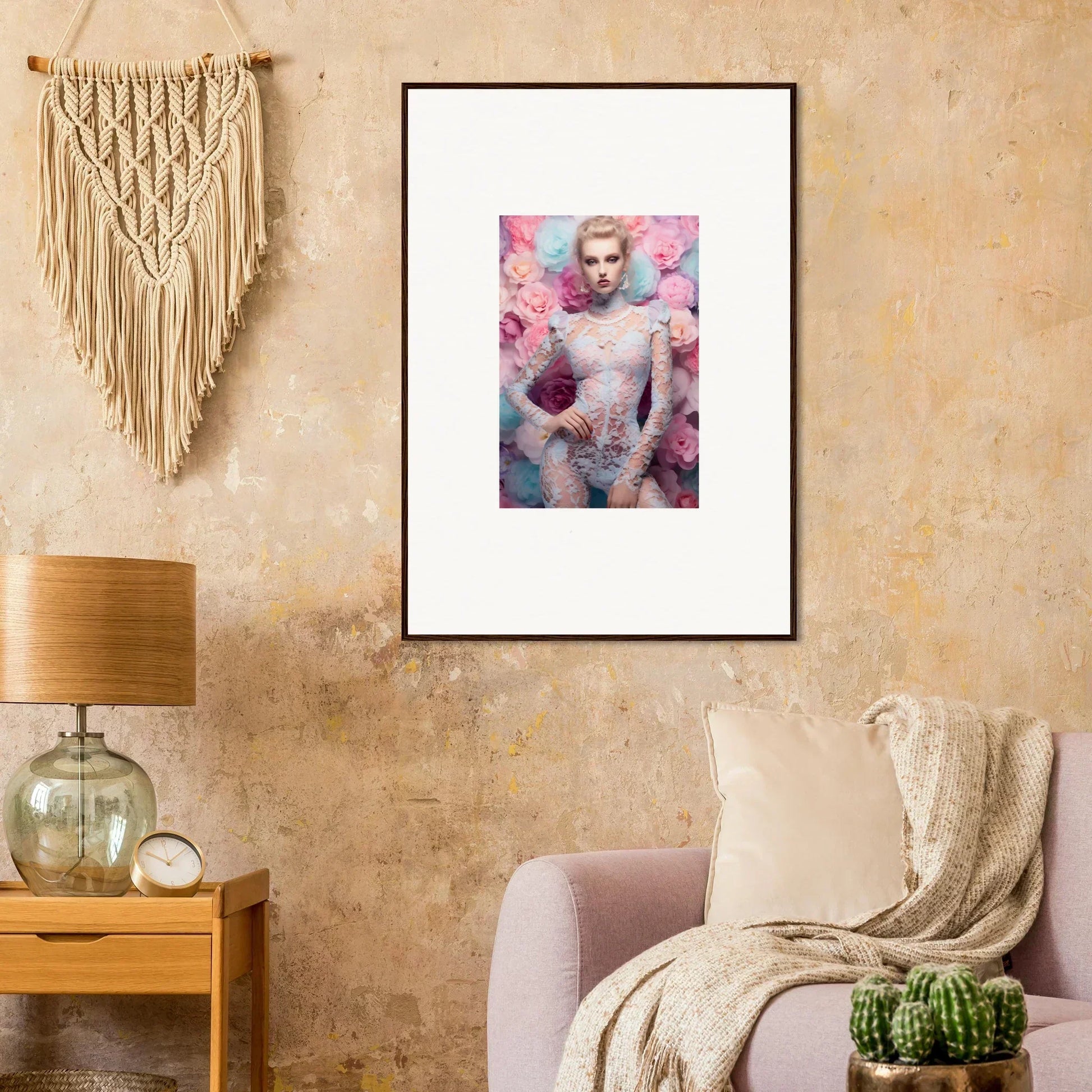 Framed portrait photograph of a person surrounded by pink floral elements.