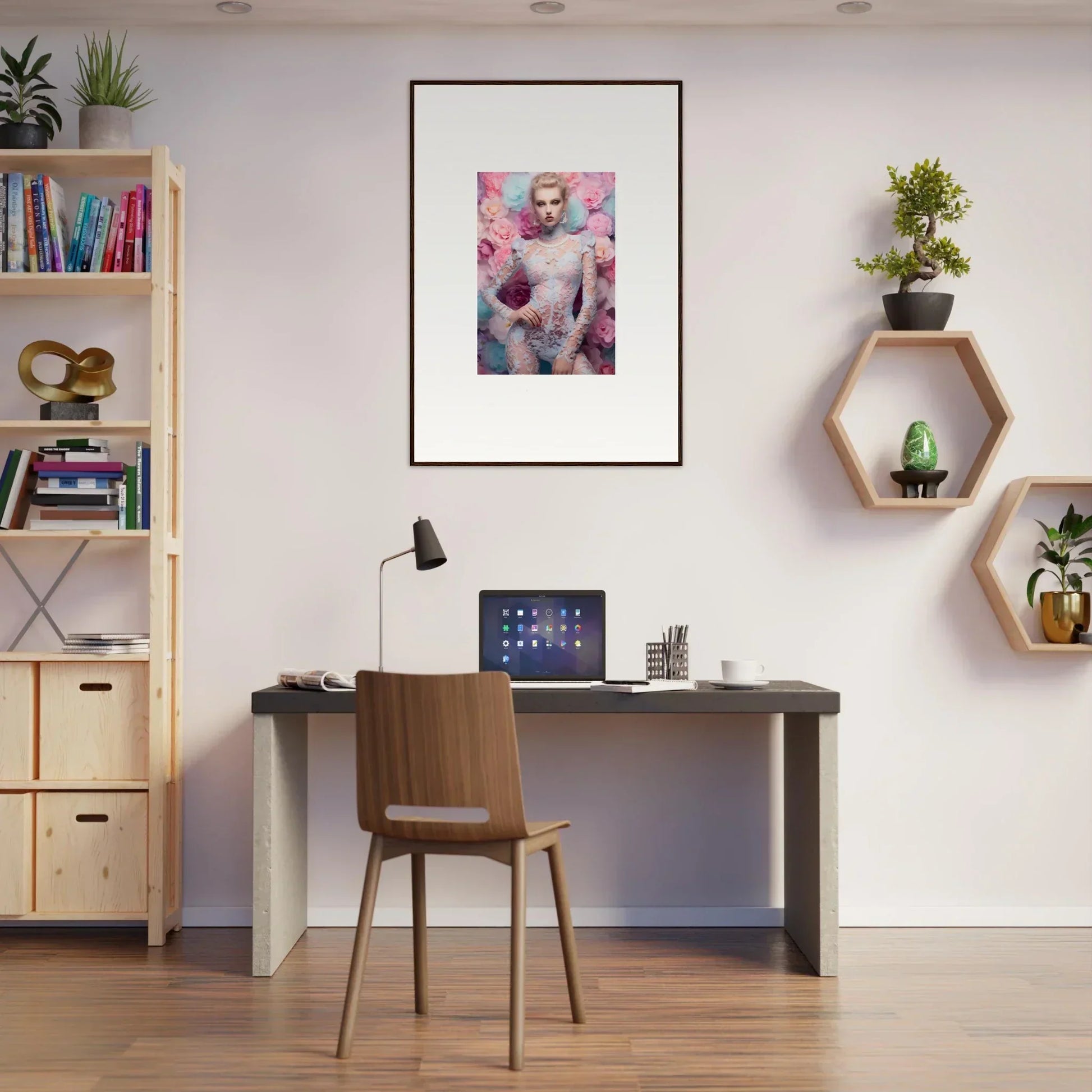 Modern home office workspace with a desk, chair, and decorative wall elements.