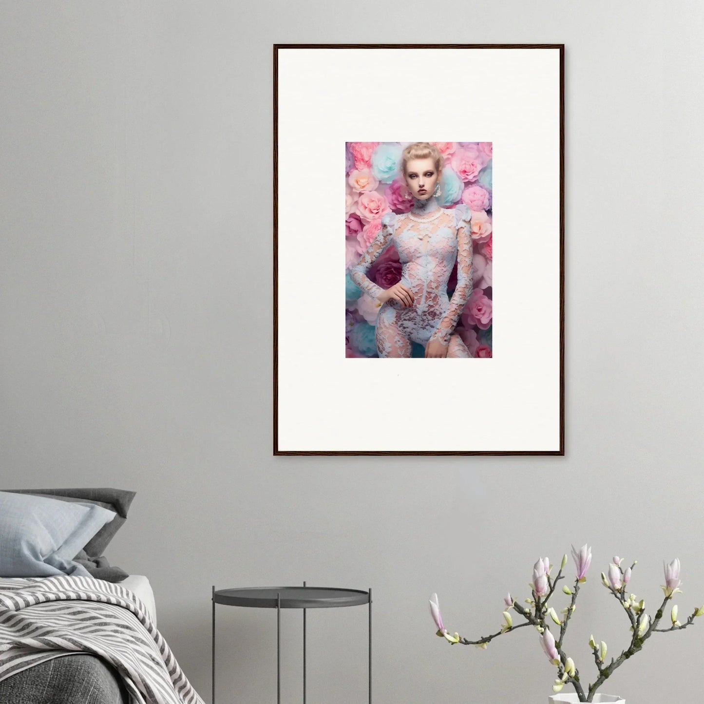 Framed portrait photograph of a person surrounded by pink flowers.