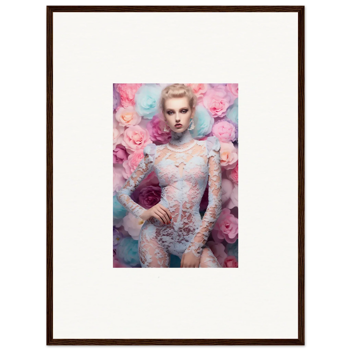 Framed photograph of a woman in a lace bodysuit surrounded by pink flowers.