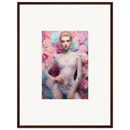 Framed photograph of a woman in a lace bodysuit surrounded by pink flowers.