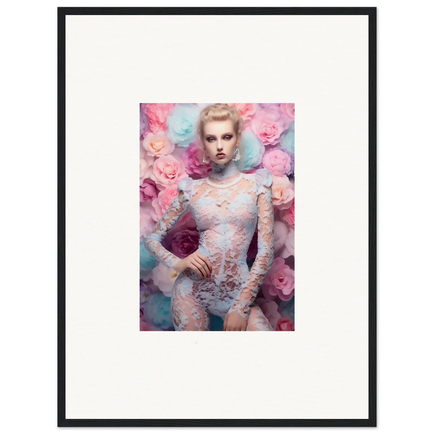 Framed photograph of a woman in lace clothing surrounded by pink flowers.