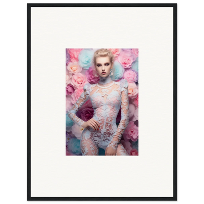 Framed photograph of a woman in lace clothing surrounded by pink flowers.