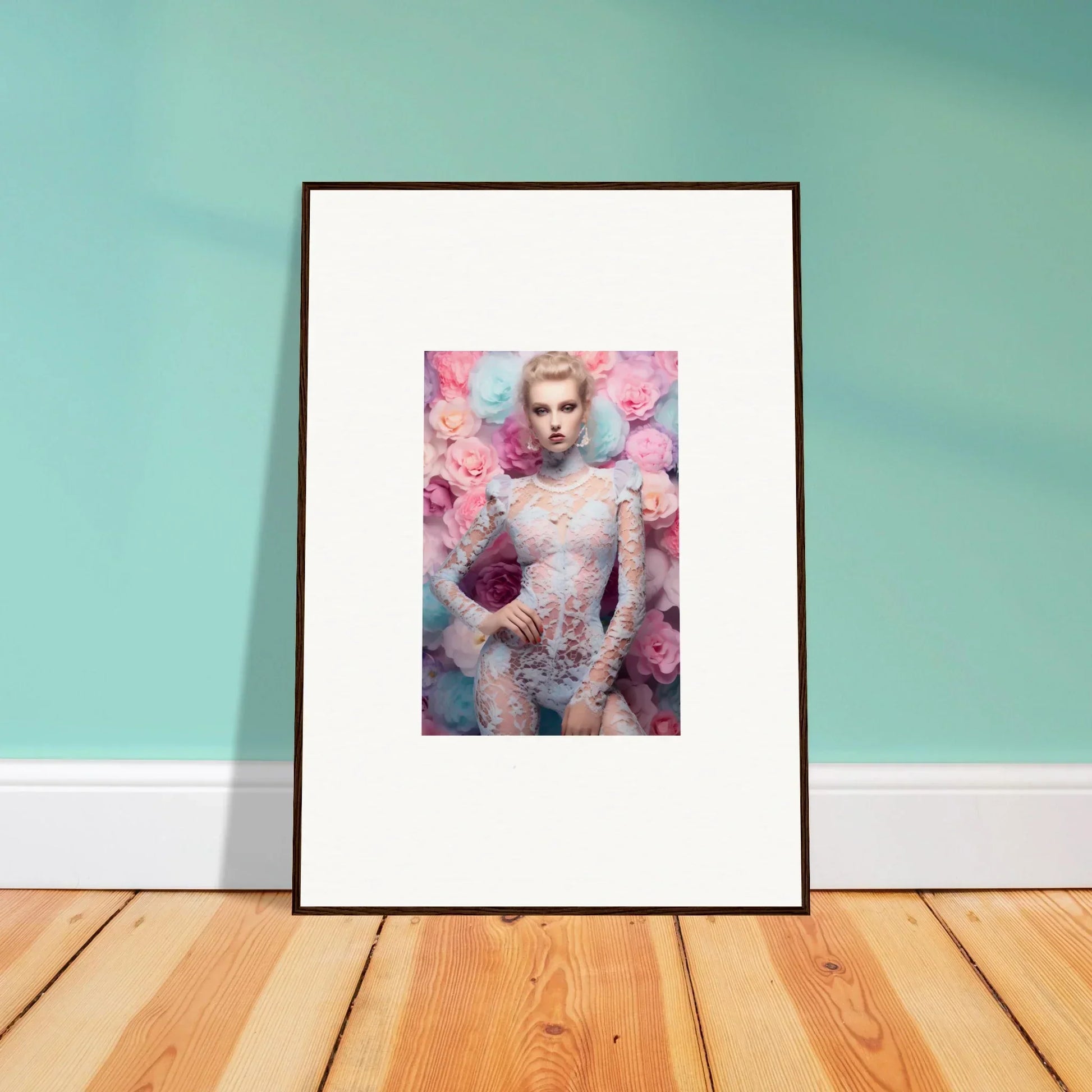 Framed artwork featuring a portrait surrounded by pink floral elements.